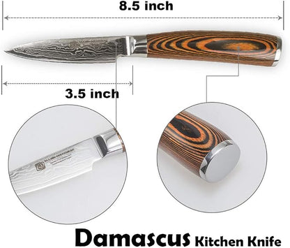 Damascus Paring Knife 3.5" - Professional 67-Layer VG10 Steel, Ultra Sharp 12° Edge Kitchen Utility Knife with Pakkawood Handle & Gift Box for Peeling, Slicing, Garnishing, Fruit Vegetable Prep
