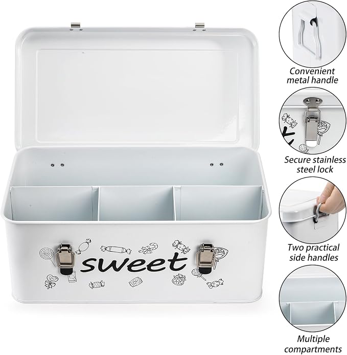 Frcctre Candy Storage Box, 4 Compartments Metal Candy Cookies Snacks Storage Tin Box with Lid Food Storage Container Farmhouse Kitchen Pantry Canister with Handle and Safety Lock