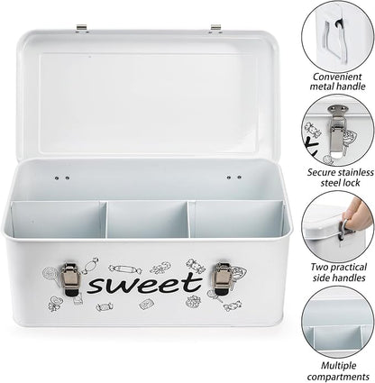 Frcctre Candy Storage Box, 4 Compartments Metal Candy Cookies Snacks Storage Tin Box with Lid Food Storage Container Farmhouse Kitchen Pantry Canister with Handle and Safety Lock