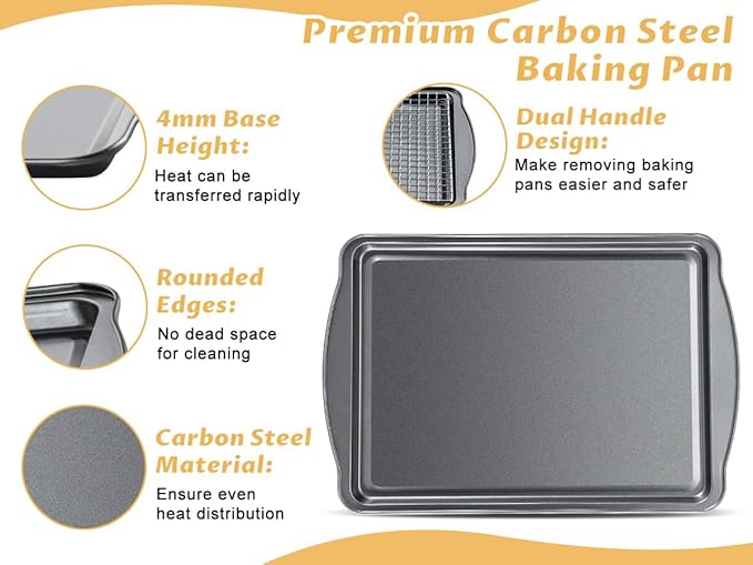 Baking Sheet with Cooling Racks - 17'' x 11" x 0.5" Carbon Steel Cookie Sheets for Baking [2 Sheets + 2 Racks], Nonstick Baking Pans, Perfect for Baking, Roasting, and More