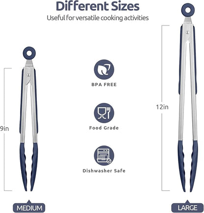 600ºF Heat Resistant Kitchen Tongs: U-Taste 9+12 inch Silicone Cooking Tong Set with Firm Sealed Non Stick Rubber Tips and Silicon Coated 18/8 Stainless Steel Handle for Serving Grilling-Midnight Blue