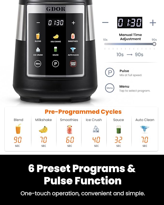 GDOR Professional Blender with 6 Preset Programs, 1300W Smoothie Blender for Ice Crushing & Frozen Fruit, 67 Oz Glass Pitcher & 22 Oz To-Go Cup Combo, Smart Smoothie Maker, Self-Cleaning
