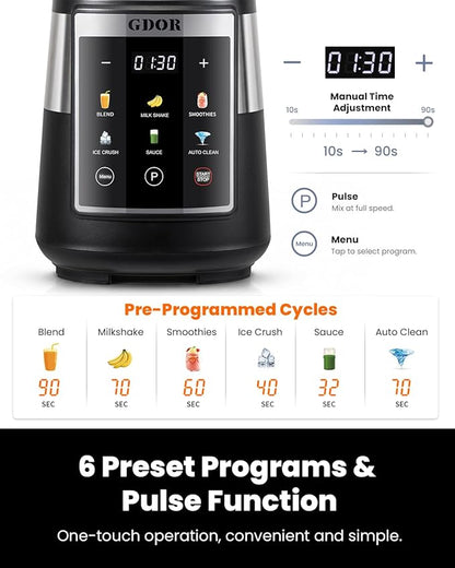 GDOR Professional Blender with 6 Preset Programs, 1300W Smoothie Blender for Ice Crushing & Frozen Fruit, 67 Oz Glass Pitcher & 22 Oz To-Go Cup Combo, Smart Smoothie Maker, Self-Cleaning