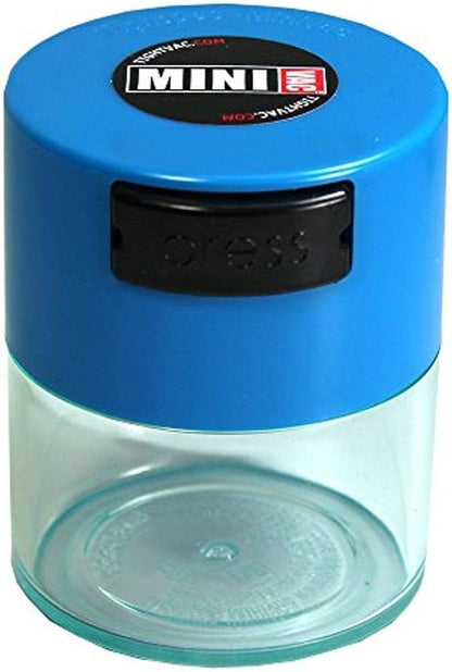 TIGHTPAC MINIVAC Portable Vacuum Seal Airtight Container – Keeps Coffee Beans, Grounds, Tea, Spices & Herbs Fresh Longer – Travel-Ready, NSF-Certified Food-Grade Storage, 10 to 30 Grams, Blue Clear
