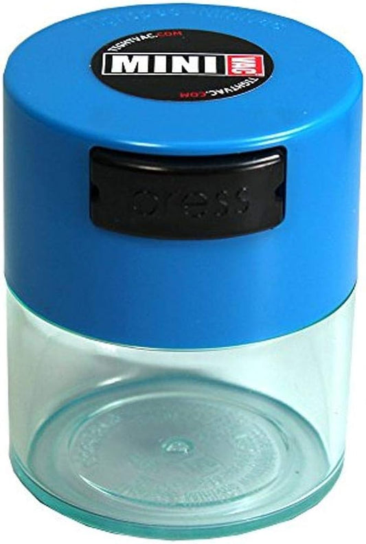 TIGHTPAC MINIVAC Portable Vacuum Seal Airtight Container – Keeps Coffee Beans, Grounds, Tea, Spices & Herbs Fresh Longer – Travel-Ready, NSF-Certified Food-Grade Storage, 10 to 30 Grams, Blue Clear
