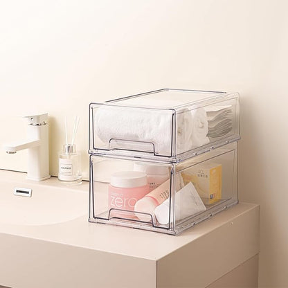 Clear Acrylic Stackable Storage Drawers, Plastic Refrigerator Organizer Bins with Handles for Undersink, Cabinet, Fridge, Closet, Pantry, Office, Bathroom, Kitchen(6 Pack)