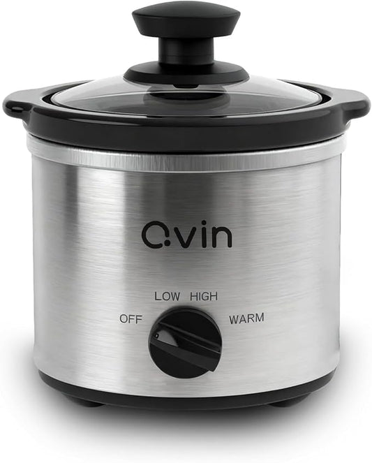 Qvin 0.65 Quart Mini Slow Cooker with Temperature Control, Stainless Steel and Black, Round Fondue Melting Pot with Glass Lid, Dishwasher Safe Stoneware