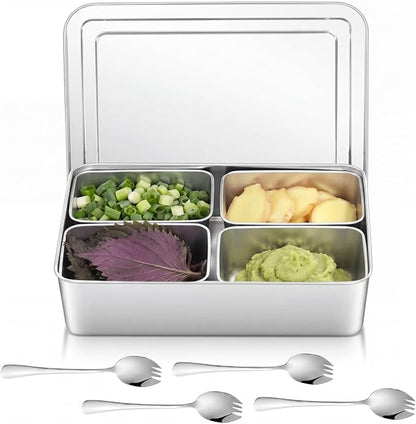 Boao 4 Compartment 304 Yakumi Pans Stainless Steel Seasoning Condiment Container with Lids Spoons, Japanese Yakumi Pans Mini Sauces Salad Dressings Storage for Food, Herbs, Spices