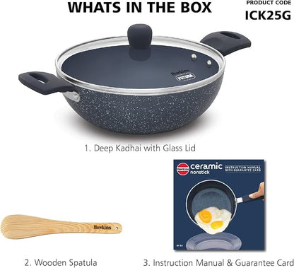 HAWKINS Ceramic Nonstick 2.5 Litre Deep Kadhai, Induction Deep Fry Pan with Glass Lid, Granite Kadai (ICK25G)
