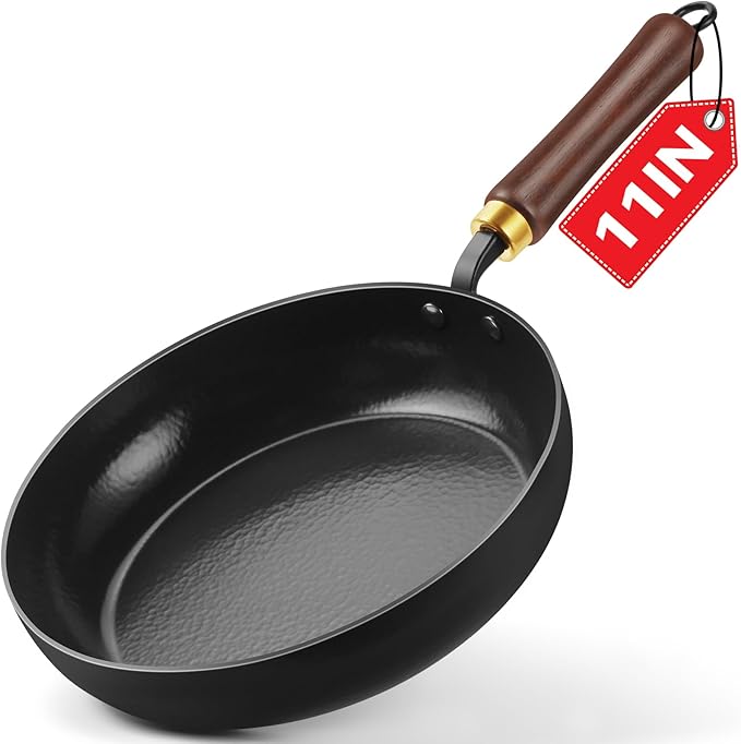 Carbon Steel Skillet, 11-Inch Nonstick Frying Pan, Season-Free Enameled Carbon Steel Pan,Stay-Cool Wooden Handle, Non Toxic, PTFE & PFOA Free Oven-Safe