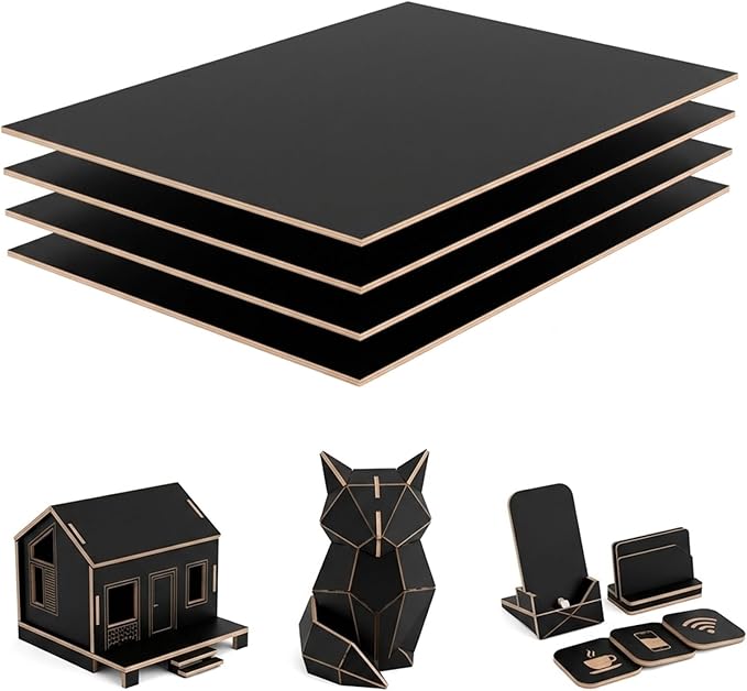 4 Pack Double-Sided Pre-Painted Colored Plywood Sheets, 11.7"x8.27"x1/8" (3mm) Laser-Friendly Craft Boards for Cutting & Engraving (Black)