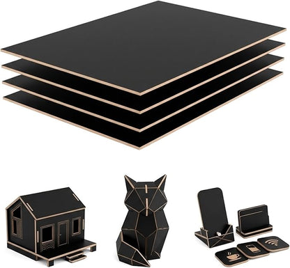 4 Pack Double-Sided Pre-Painted Colored Plywood Sheets, 11.7"x8.27"x1/8" (3mm) Laser-Friendly Craft Boards for Cutting & Engraving (Black)