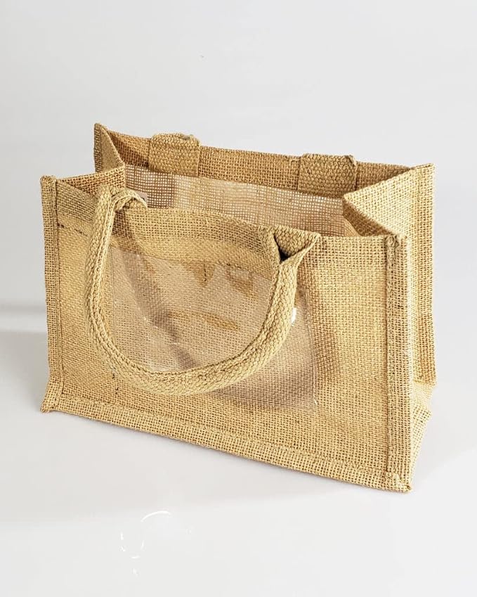 TBF Sturdy Cute Natural Jute Burlap Small Rustic Wedding Welcome Gift Bags with Clear Front Pocket