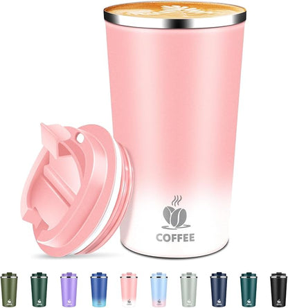 Insulated Travel Coffee Mug Reusable Coffee Tumbler Cup with Flip Lid Leak Proof Spill Proof for Office School Party Camping Hot and Cold Drink,Stainless Steel 17oz (Pink)