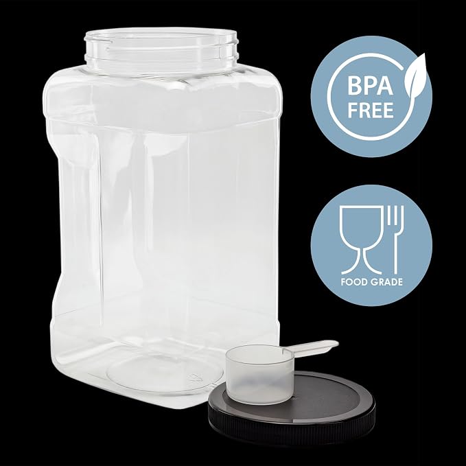 Cornucopia Brands Square Gallon Size Clear Plastic Canisters (2-Pack); 4-Quart Jar Grip Containers w/ Plastic Scoops; BPA-Free
