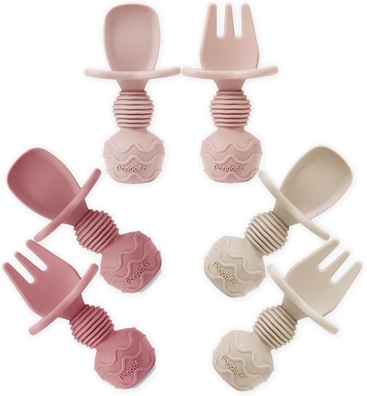 PandaEar 6 Pack Silicone Baby Spoons and Fork Feeding Set- Anti-Choke First Self Feeding Utensils for Baby Led Weaning Ages 3 Months -Pink