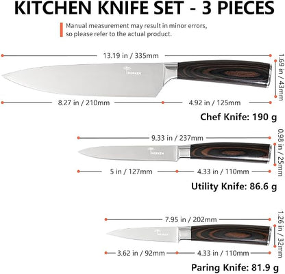 MERKEN 3 Piece Kitchen Knife Set with Gift Box, 8 inch Chef Knife, 5 inch Utility Knife and 3.5 inch Paring Knife