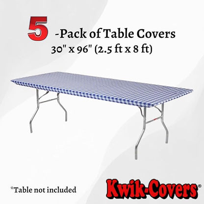 Kwik-Covers 8' Rectangle Plastic Table Covers 30" x 96", Bundle of 5 (Blue Gingham)