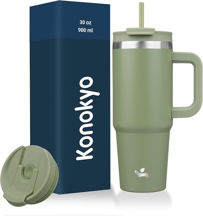 Konokyo 30 oz Tumbler with Handle and 2 Straws,2 in 1 Lid Insulated Water Bottle Stainless Steel Travel Coffee Mug,Army Green