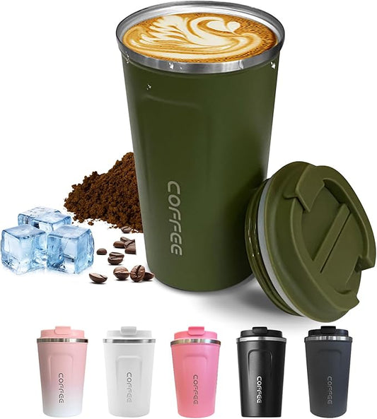 SPLMIFA Travel coffee mugs leak-proof, reusable coffee cups with lids, stainless steel vacuum insulated coffee tumblers, thermal insulation cups for men & women keep drinks hot & cold(2nd-Green, 12OZ)