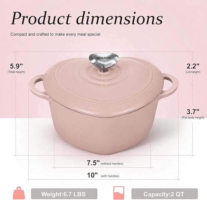 Overmont Heart-Shaped Enameled Cast Iron Dutch Oven, 2QT Pink Mini Pot with Lid for Cozy Meals, Soups & Small Batch Baking, Cute Kitchen Cookware Gift for Wedding, Housewarming & Birthday