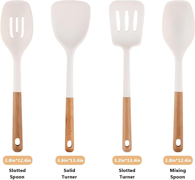 Silicone Kitchen Utensils Set of 4, Large Non-Stick Cooking Utensil Set w Wooden Handle Food Grade Heat Resistance Turner Spoon Silicone Cooking Kitchen Gadgets BPA Free for Nonstick Cookware
