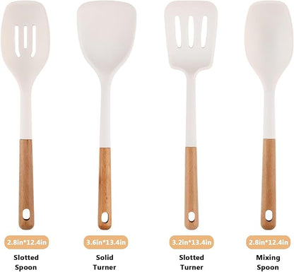 Silicone Kitchen Utensils Set of 4, Large Non-Stick Cooking Utensil Set w Wooden Handle Food Grade Heat Resistance Turner Spoon Silicone Cooking Kitchen Gadgets BPA Free for Nonstick Cookware