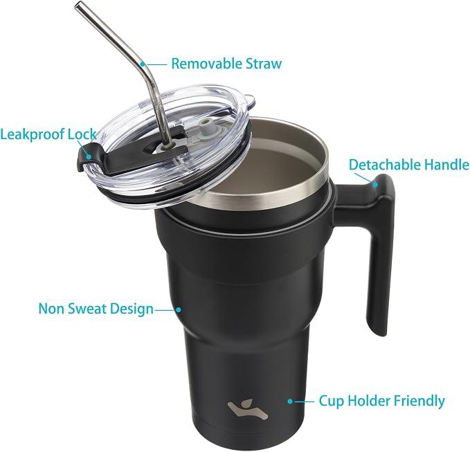 Konokyo 40 oz Tumbler with Handle and 2 Straw 2 Lid, Insulated Water Bottle Stainless Steel Vacuum Cup Reusable Travel Mug,Black
