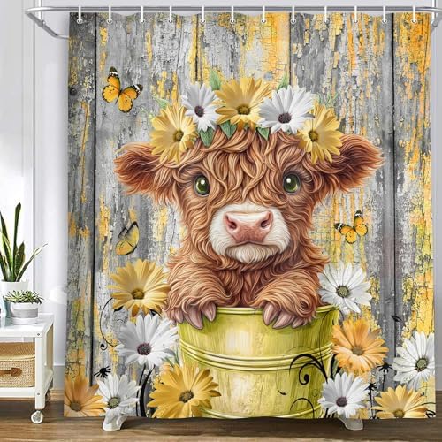 Cute Baby Highland Cow Shower Curtain, Farmhouse Yellow Wooden Daisy Shower Curtain for Bathroom Set, Funny Cattle Rustic Animal Fabric Waterproof Shower Curtain for Bathtub Decor with Hooks 54X72in