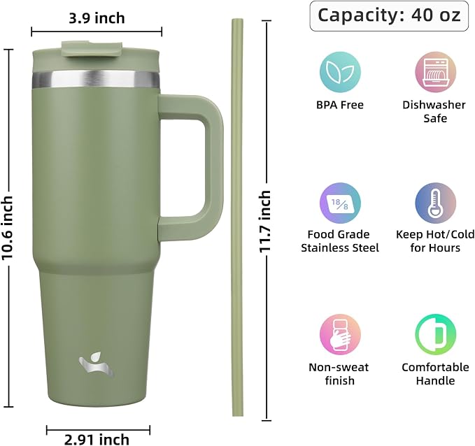 Konokyo 40 oz Tumbler with Handle and 2 Straws,2 in 1 Lid Insulated Water Bottle Stainless Steel Travel Coffee Mug,Army Green