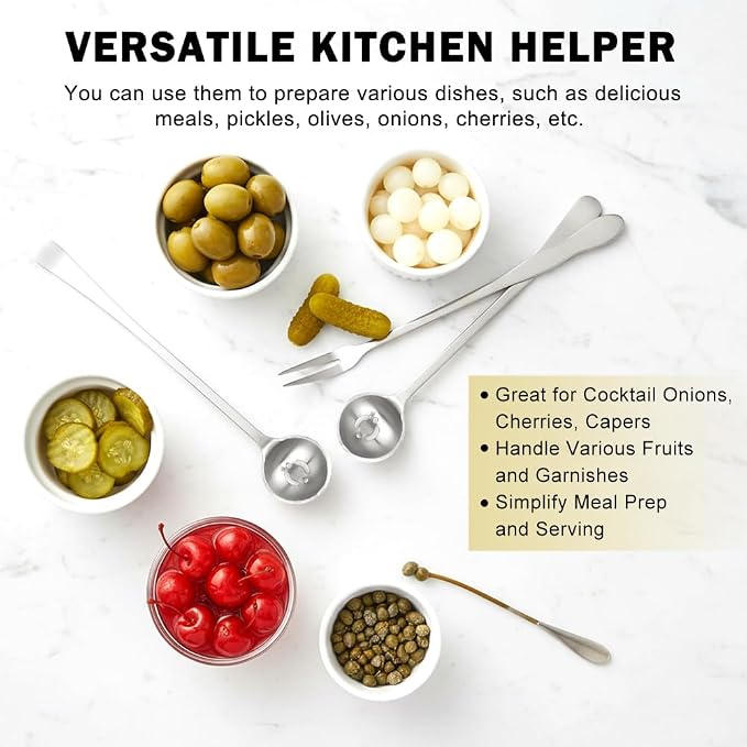 4 Pcs Pickle Fork and Olive Spoon Set, 7.48Inch Olive Spoons with Holes, 8.07Inch Pickle Forks, for the Jar, Suitable for Olives Pickles Onion Cucumber(COLOR:Silver)