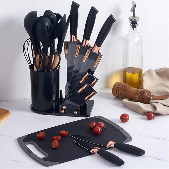 19 Pieces Kitchen Cooking Utensils and Knife Set with Holder Block, Include 11 Pcs Silicone Cooking Utensils 5 Pcs Sharp Stainless Steel Knives Scissors Whisk Tongs and Cutting Board (LIGHT BLUE)