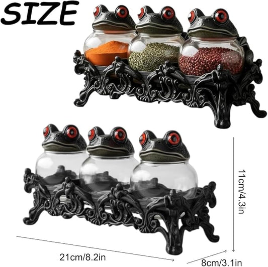 Witchy Frog Apothecary Spice Jars, Handcrafted Vintage Glass Storage Jars with Red-Eyed Frog Lids, Gothic Kitchen Herb Teas Food Storage Containers for Home Decor Fun Display (3-piece set)