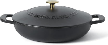 Martha Stewart Gatwick Enameled Cast Iron Braiser with Lid, 3.5-Quart Braiser Pan for Stovetop & Oven, Cast Iron Braising Pan with Gold Knob, Matte Black