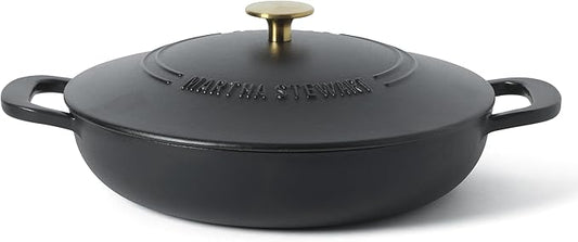 Martha Stewart Gatwick Enameled Cast Iron Braiser with Lid, 3.5-Quart Braiser Pan for Stovetop & Oven, Cast Iron Braising Pan with Gold Knob, Matte Black