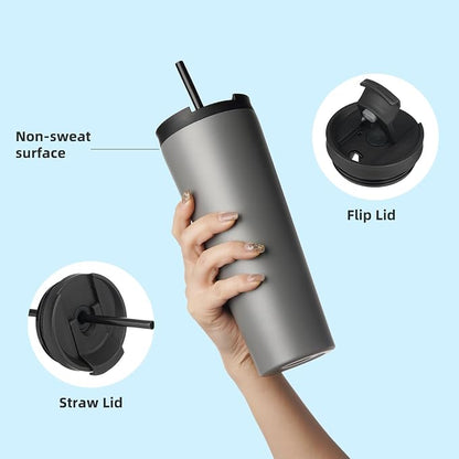 Konokyo 18 OZ Insulated Tumbler with Lid and 2 Straws Stainless Steel Water Bottle Vacuum Travel Mug Coffee Cup,Gray