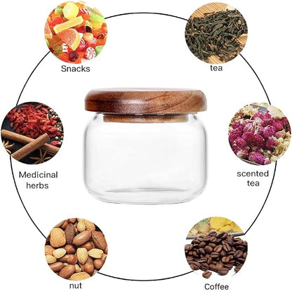 SAIOOL Kitchen Canisters Set of 6-8.5oz Glass Spice Jars With Acacia Airtight Lid and Labels Round Spice Bottles for kitchen Seasoning Baby Food Kids Snacks Meal Prep Containers Candle
