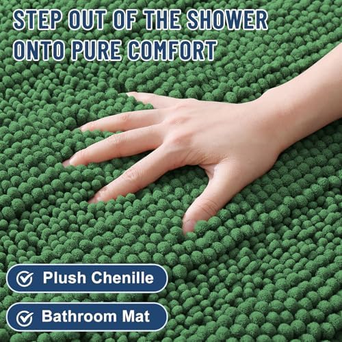 Grandaily Chenille Striped Bathroom Rugs 24x16, Extra Thick and Soft Absorbent Bath Mats, Rubber Backing, Plush Shaggy Shower Carpet, Machine Wash Dry, Bath Rug for Bathroom, Olive Green