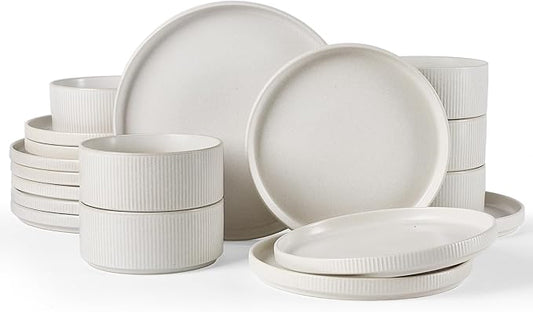 Famiware Star Plates and Bowls Sets, Modern Stoneware Dinnerware Sets for 6, 18-Piece Kitchen Dish Set - Chip and Scratch Resistant, Microwave and Dishwasher Safe Tableware, Matte White
