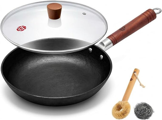 WANGYUANJI 11 Inch Cast Iron Skillet with Glass Lid, Uncoated Cast Iron Frying Pan for Steak, Eggs, Sautéing,Flat Bottom Skillet for Gas, Electric & Induction Cooktops