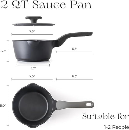 PRICUSIS Nonstick Saucepan with Lid, 2 Quart Non Toxic Pot with Pour Spouts, Full Coated, 100% Dishwasher Safe, Induction Compatible, PFOS & PFOA Free, Black Sesame