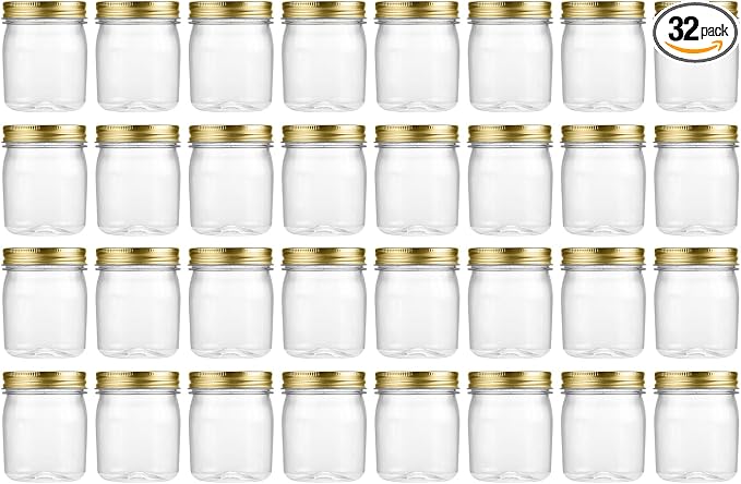 novelinks 8 oz Clear Plastic Jars with Airtight Lids, 32 Pack Plastic Mason Jars with Lids 8oz, Refillable Storage Slime Containers & Small Spice Jar for Kitchen Organization (32 Pack,Gold)
