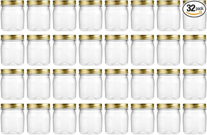 novelinks 8 oz Clear Plastic Jars with Airtight Lids, 32 Pack Plastic Mason Jars with Lids 8oz, Refillable Storage Slime Containers & Small Spice Jar for Kitchen Organization (32 Pack,Gold)