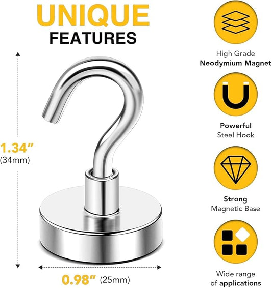 DIYMAG Magnetic Hooks, 85 LB Silver Heavy Duty Strong Magnet with Hook, Rare Earth Neodymium Magnets for Hanging, Magnetics Hanger for Curtain, Home, Kitchen, Workplace, 12 Packs