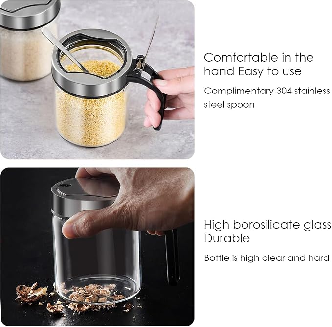 Revolving Condiment Pots Sugar Bowl Salt & Pepper Cellar with Lid and Spoon, Set of 4 Seasoning Box Spice Jar with 360 Rotating Holder Tray for Kitchen, 4 Pots