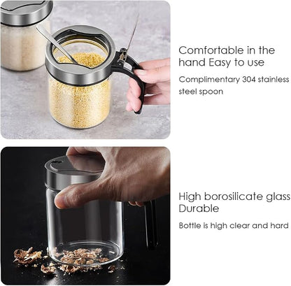 Revolving Condiment Pots Sugar Bowl Salt & Pepper Cellar with Lid and Spoon, Set of 4 Seasoning Box Spice Jar with 360 Rotating Holder Tray for Kitchen, 4 Pots