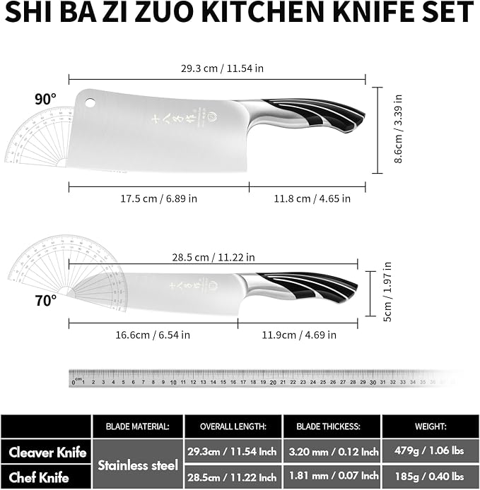 SHI BA ZI ZUO 2 Pieces Professional Kitchen Knife Set,Butcher Knife and Chef Knife Kitchen Knife Set for Cutting Bones,Vegetables and Meat