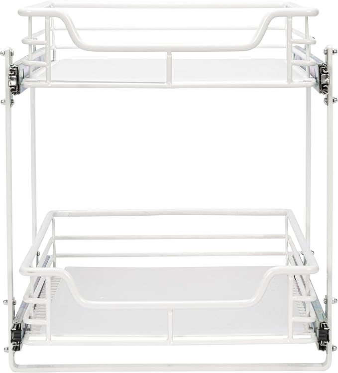 Household Essentials Glidez Multipurpose Paint-Finished Steel Pull-Out/Slide-Out Storage Organizer for Under Cabinet Use - 2-Tier Design - Fits Standard Size Cabinet or Shelf, White