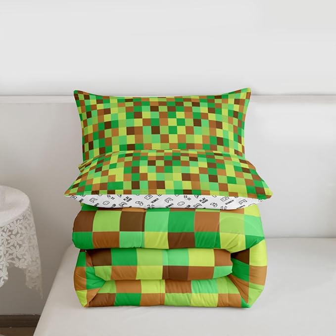 Manfei Pixelated Grid Comforter Set Queen Size,Geometric Camo Blocks Duvet Insert Adults Bedroom Decor,Miners Gamepad Games Bedding Set,Green Brown Ultra Soft Microfiber Inner Fill 3Pcs Bedding