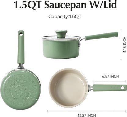 Redchef Ceramic Nonstick Saucepan with Lid, 1.5QT Small Cooking Pot, Non Toxic Sauce Pans for Kitchen, Cool Handle PFAS Free Compatible with All Cooktops, Green
